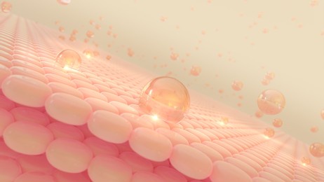 moisture and vitamins are dropped onto skin cells. the concept for cosmetics. serum through the skin layer and firm up the skin cell's flabby skin. a 3d rendering