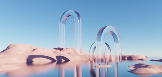 surreal beautiful dream land background. abstract dune in winter season landscape with geometric arch. fantasy island scenery with water and natural cloudy sky. metallic mirror arch. 3d render.