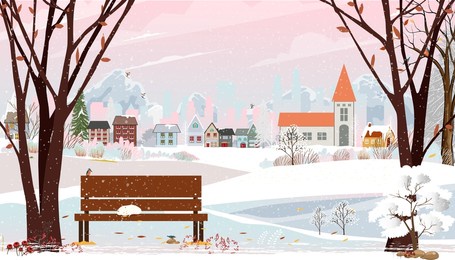 winter landscapes city park with cat sleeping on bench in garden,cute christmas day in village,vector cartoon horizon backdrop background winter wonderland with mountain, cloud and pink sky background