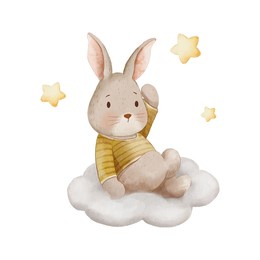 cute rabbit or bunny sitting on the cloud and stars watercolor illustration with isolated background for nursery, baby and kids