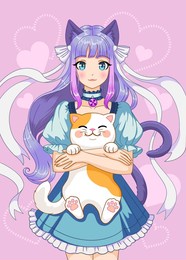 cute anime girl holding a cat in her arms. cartoon vector illustration