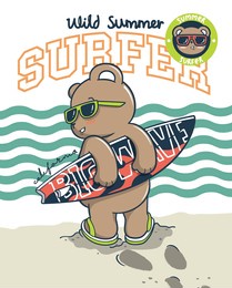 cool teddy bear boy wearing sunglasses with surfboard on the beach on isolated background illustration, graphic slogan print, summer cards in vector.
