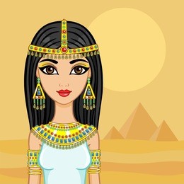 egyptian princess in the desert with ancient pyramids.