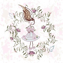 floral pastel draw with girl and butterfly 