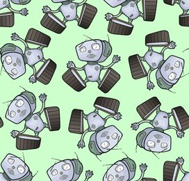 seamless texture with toy robots. light background with cheerful robots.