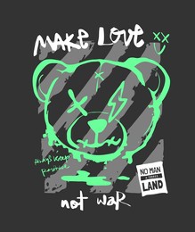 make love not war calligraphy slogan with outline bear doll head on stripe background vector illustration