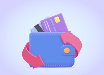wallet and credit cards front and back side vector illustration. purse icon 3d. cashback, money transfer concept for landing page, web, mobile app, poster, banner, flyer.