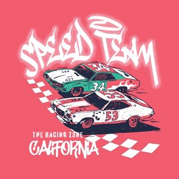 vector illustration of stock car and graffiti slogans elements. for boys t-shirt.