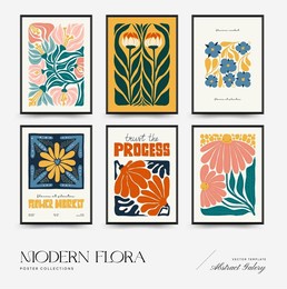 abstract floral posters template. modern trendy matisse minimal style. pink and blue colors. hand drawn design for wallpaper, wall decor, print, postcard, cover, template, banner. 