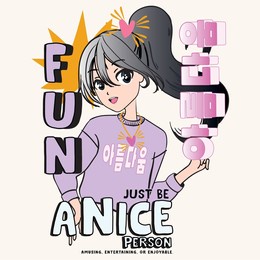 anime girl with big eyes and black hair greets you. korean text means"beauty". graphic design.