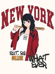 anime girl graphic design. vector anime illustration drawn in baseball and varsity concept.