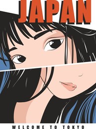 japanese style anime girl vector illustration. big eyes are used. anime girl vector is embedded in geometric shape.