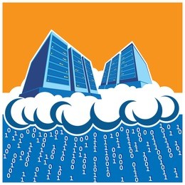stylized illustration on the theme of cloud computing, render farms, data centers, storage, servers, high-performance workstations, networks, etc.