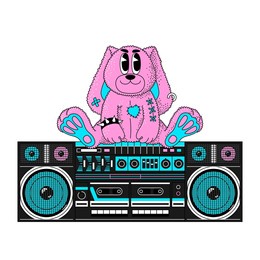 toy bunny sitting on top of boombox. isolated vector illustration in trendy y2k, 90s retro style for party flyer, sticker, poster, t-shirt print