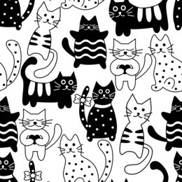 cartoon seamless black and white cats and hearts on a white background 