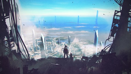 man stands atop a sky-high futuristic structure and looking down on the city below, digital art style, illustration painting
