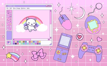 kawaii elements set for gamer girl  in 90s vaporwave style 