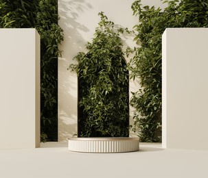 unobtrusive background with plant and shadow on the wall -3d render. empty showcase, podium, stand for advertising and product presentation. mock up for exhibitions objects, relaxation and health.
