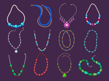 necklace beads. woman luxury jewelry collection various gemstones crystals diamonds and pearls recent vector cartoon illustrations