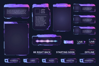 game stream panels. twitch streaming overlay frames for gamers leaderboard, hud glowing digital screen template gui online interface futuristic cyber buttons ui vector illustration of game live frame