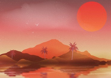 oasis in a hot desert landscape with palm trees and reflection on water - vector illustration