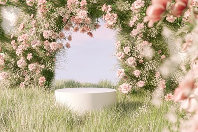 natural beauty podium backdrop with spring flower field. 3d rendering.