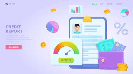 credit report, credit rating,get loan fast and easy, get loan via smartphone application. three dimensional design concept for landing page. 3d vector illustration  for website, banner,hero image.