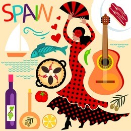illustration of a set flat icons illustrating spain: flamenco, guitar, wine, olive oil, fish, ham, paella.