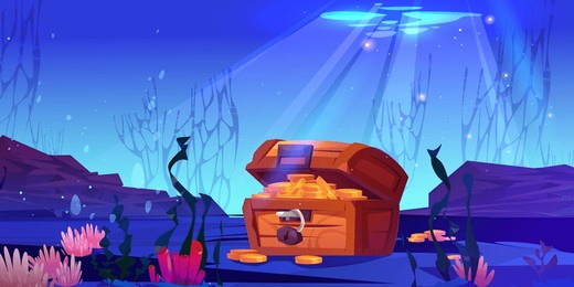 cartoon vector treasure chest underwater in ocean. light throuh water on hidden box with gold coins on seabed background illustration. deep undersea adventure for lost treasury and trophy.