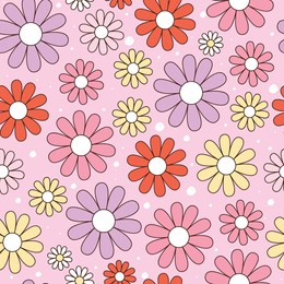 happy retro seamless pattern with groovy daisy flowers. cute various bright color chamomile. vintage colorful hippie vector for invitation, wrapping paper, packaging etc.