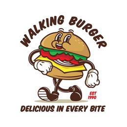 walking burger character vector illustration in retro 30's cartoon style, perfect for t shirt design and fast food logo