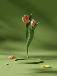 3d display podium green background with pink tulip flower and petal. nature blossom minimal pedestal for beauty, cosmetic product presentation. summer and spring mockup.  3d render template