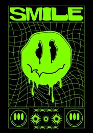 modern minimalistic abstract posters with geometric shapes and trip neon smile. retro slogan print with smile face - hipster graphic. with elements of illusions in style of acid in techno style