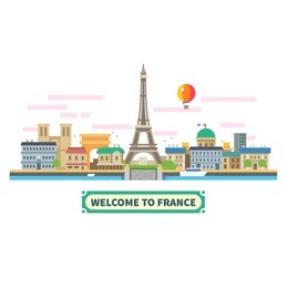welcome to france. attractions of paris, the eiffel tower landscape, balloon. vector flat illustration