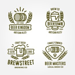 set of vintage monochrome badge, logo templates and design elements for beer house, bar, pub, brewing company, brewery, tavern, restaurant (mug, glass, barrel, wheat, hop icons)