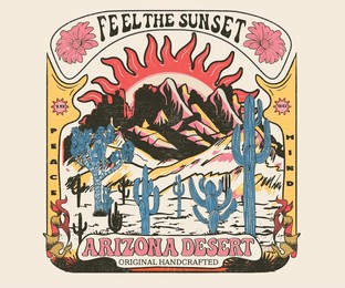 feel the desert sunset. arizona desert vector print design for t shirt and others. desert vibes graphic print design for apparel, stickers, posters and background. flower, cactus, joshua tree artwork.