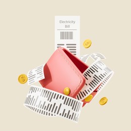 pink wallet with falling coins and long paper bill, beige background. concept of crisis and high electricity costs. 3d rendering