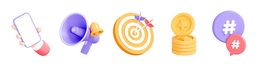 3d business target set emoji icon. hand holding phone, megaphone with bell, stack of money and hashtag. social media marketing. cartoon creative design icon isolated on white background. 3d rendering