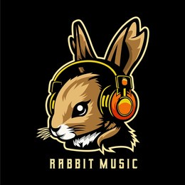 vector illustration of rabbit mascot with headphones, logo design template for music team or brand