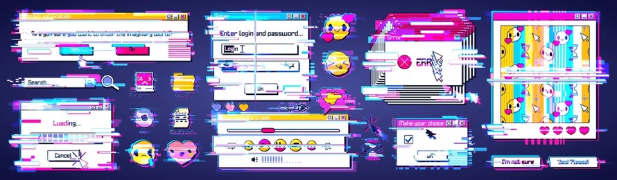 glitch in retro computer system. vector illustration of distorted 90s style software windows, error warning, loading progress bar, login box, online game, emoji, folder and file icons on desktop