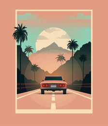  travel road, car driving along the road among palm trees, vector flat illustration