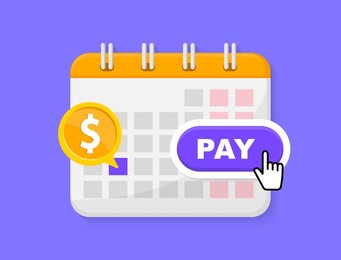 payment date in calendar. subscription payment. monthly payment date. flat calendar with button pay. tax pay scheduled on calendar. regular payments online. vector illustration.