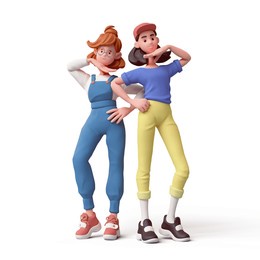 two kawaii positive excited asian colorful active k-pop girls wear fashion casual yellow blue clothes in dancing pose hold one hand under chin, other hand on hip. 3d render isolated on white backdrop.