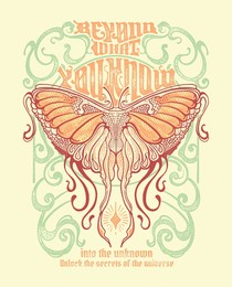 a vintage inspired design in art nouveau poster style  with a butterfly and frame illustration to showcase the slogan beyond what you know into the unknown