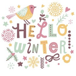 hello winter. bright winter concept card bird, snowflakes, hearts, stars and branches. stylish illustration in vector