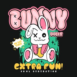 bunny dolls slogan print design with teddy rabbit illustration in graffiti street art style. vector graphic design for t-shirt

