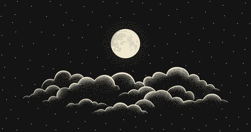 night starry sky with full moon and cloud. vector background with cloudy sky, moonlight