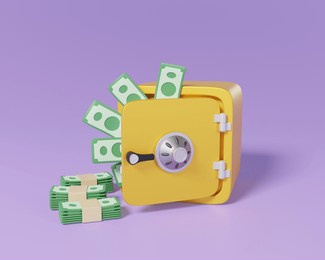 3d render safe box with banknote stack money to protect saving or deposit cash. stored money secure and banking safety concept.