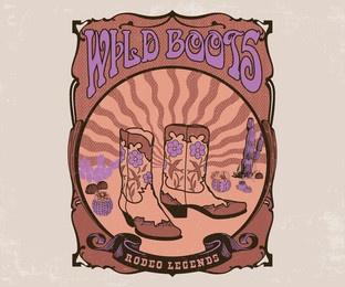 cowgirl boots vector illustration, art nouveau floral frame vector, western desert design, women print design with typography
