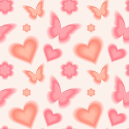 trendy seamless pattern with y2k blurred gradient daisy flower, hearts and butterflies. pastel color background.
